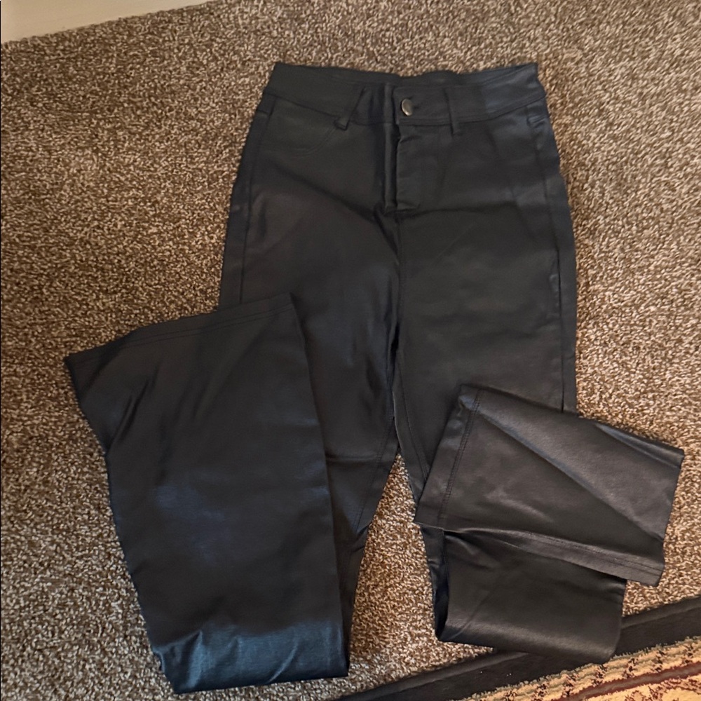 Black Faux Leather Bellbottom Pants